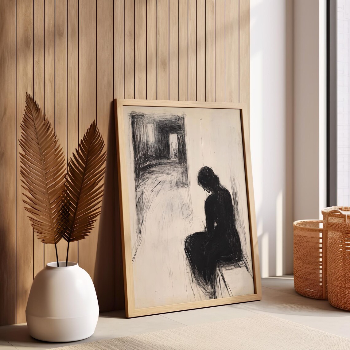 Lonely Seated Figure Charcoal Sketch Emotional Minimalist Art Poster - Image 4