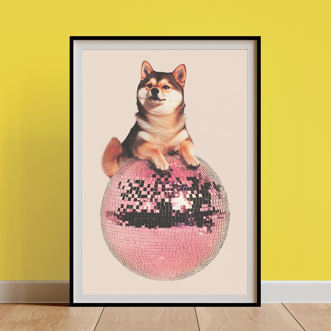 Shiba Inu Dog Relaxing on a Pink Disco Ball 70s Funky Art Poster