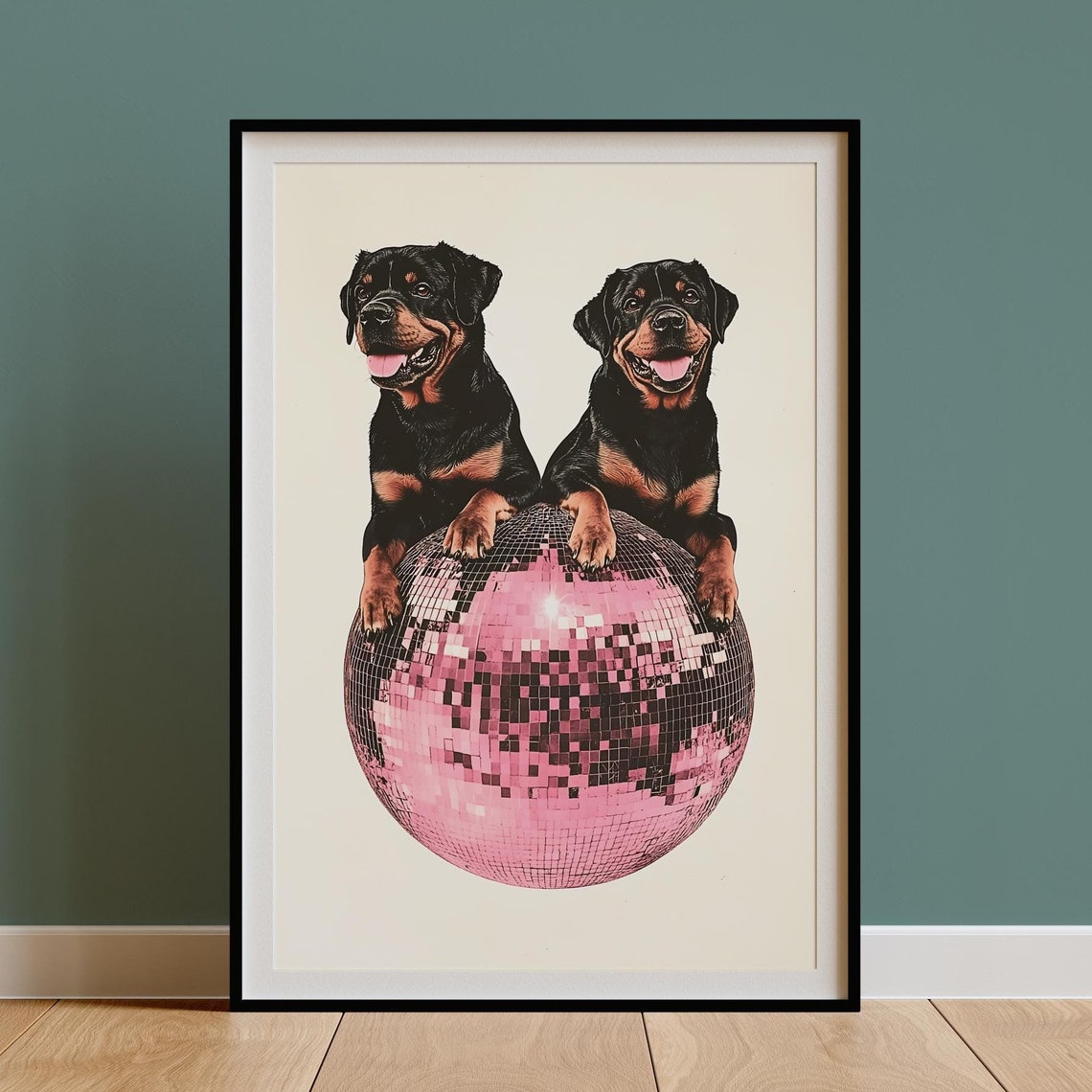 Rottweiler Pair Smiling on a Pink Disco Ball Fun Retro Art Poster