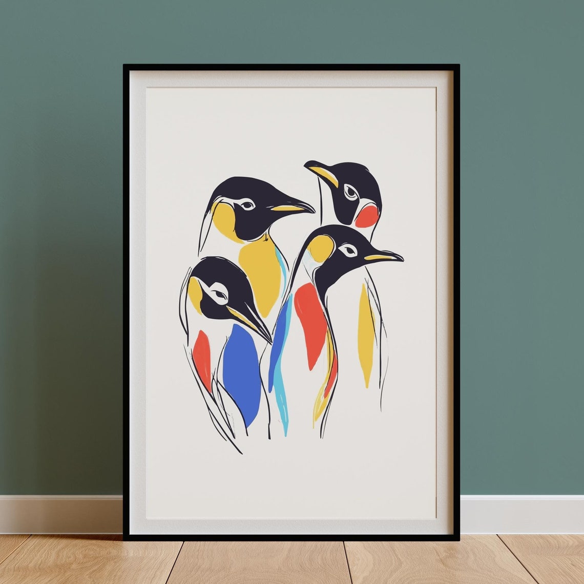 Four Penguins Color Block Bodies Line Drawing Poster Arctic Decor