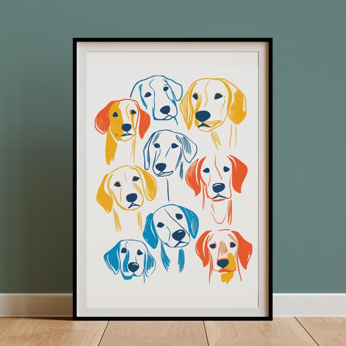 Nine Labrador Faces Orange Blue Line Cluster Poster Retriever Pack