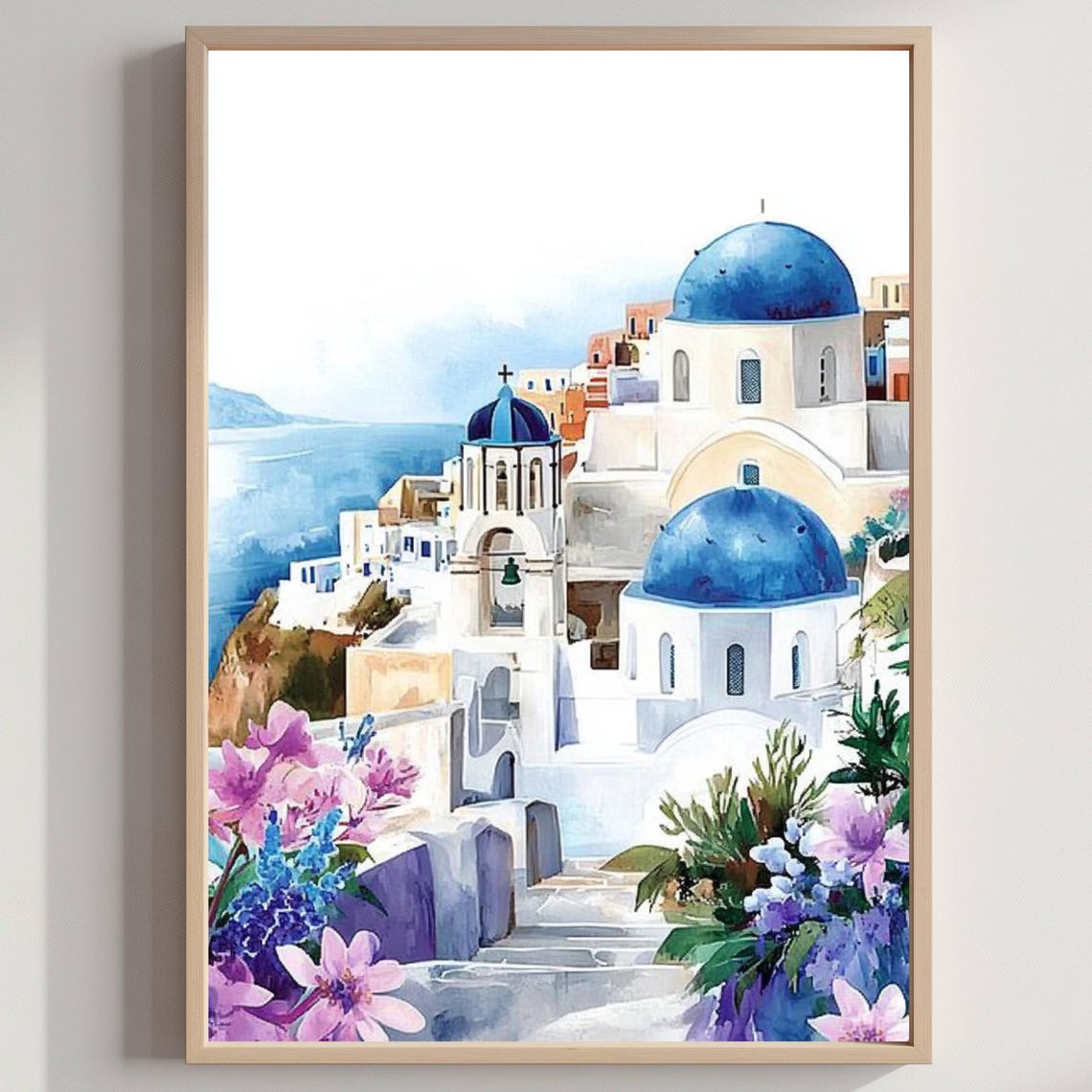 Santorini Greece Blue Domes Whitewashed Village Watercolor Poster
