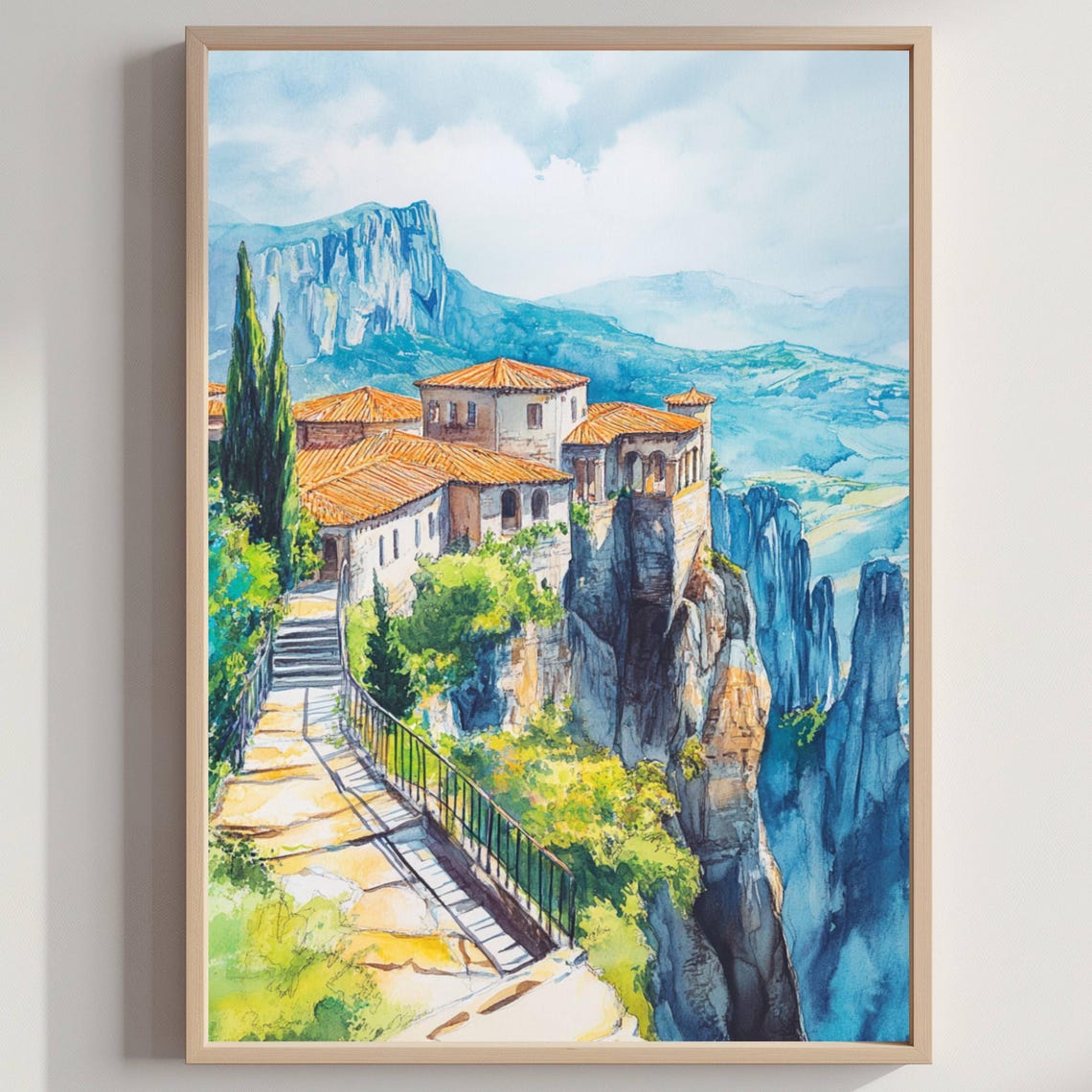 Meteora Greece Monastery Clifftop Watercolor Travel Art Poster