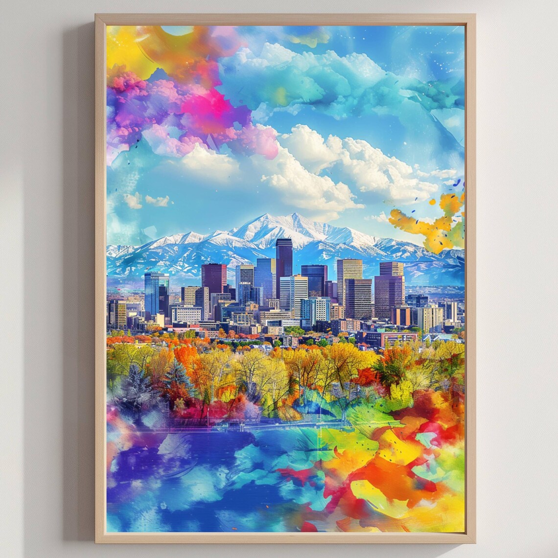 Denver Colorado Skyline Snowy Mountain Peaks Watercolor City Poster