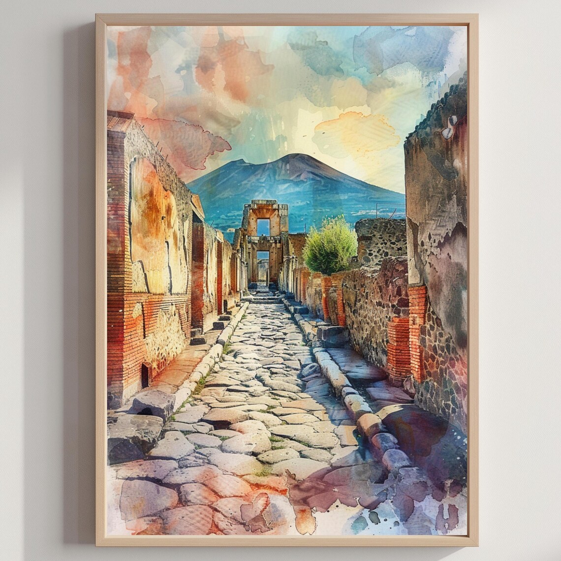 Pompeii Ancient Street Watercolor Vesuvius Italy Travel Poster