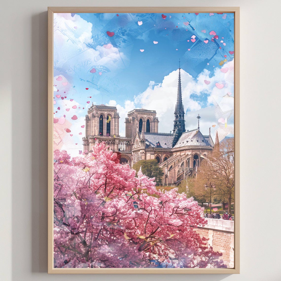 Notre Dame Cathedral Paris Cherry Blossom Spring Watercolor Poster