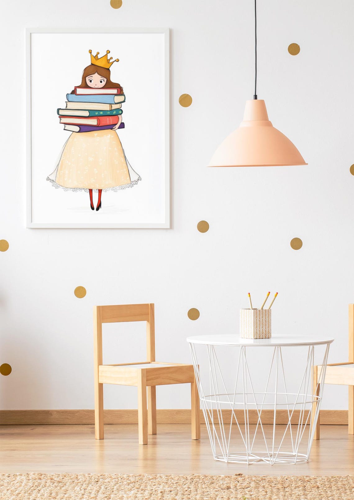 Little Princess With Golden Crown Holding Books Kids Room Poster - Image 3
