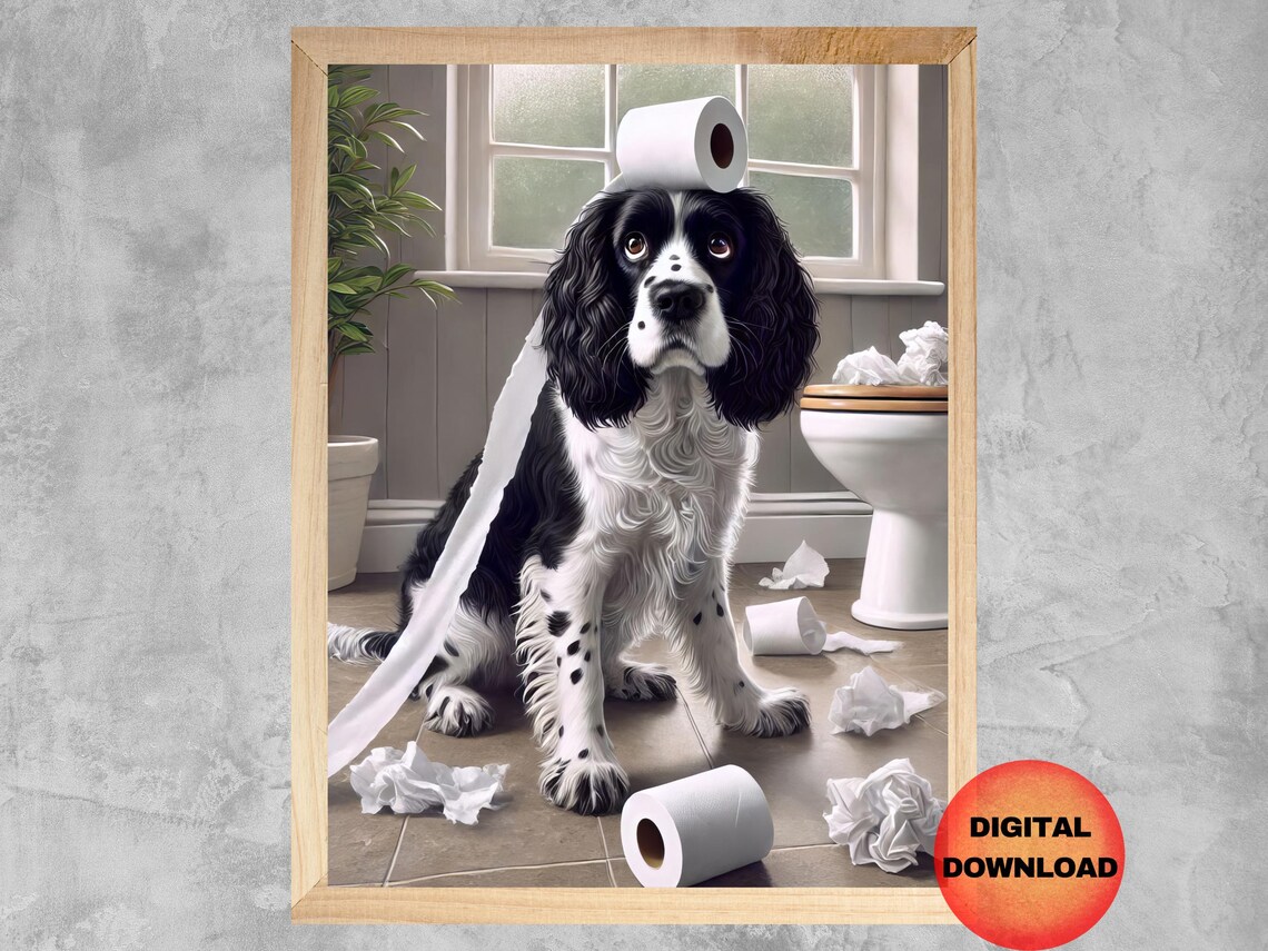 Funny Springer Spaniel Toilet Paper Chaos Guilty Dog Bathroom Humor Poster