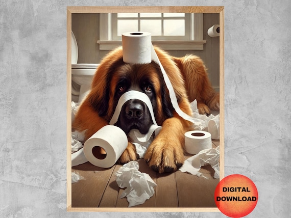 Leonberger Toilet Paper Wall Art Funny Bathroom Print Dog Lover Gift Whimsy Kids Decor Animal