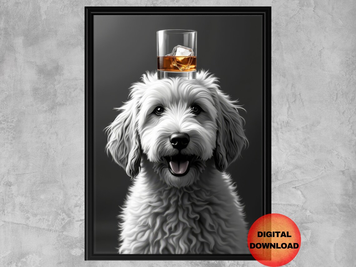 Goldendoodle Whiskey Glass Poster, Funny Dog Art Print