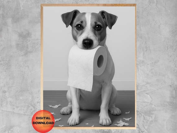 Funny Jack Russell Terrier Toilet Paper Art Black And White Dog Bathroom Poster Gift For Mom Kids Humor