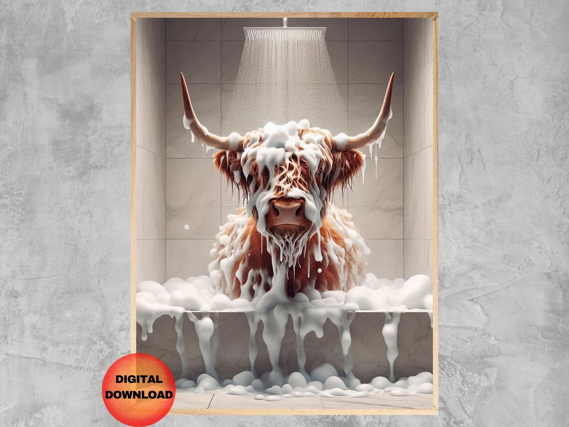 Highland Cow Bathroom Print, Funny Shower Poster