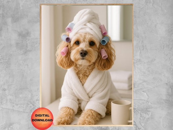 Cavapoo Bathroom Wall Art Funny Dog Grooming Decor Doodle Hair Dryer And Curlers Spa Day Print Whimsy Lover Gift