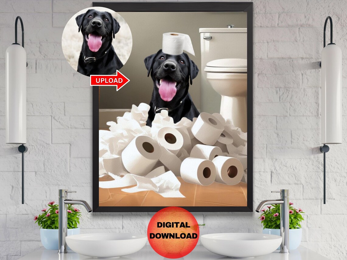 Custom Dog Bathroom Art, Funny Pet Portrait Poster