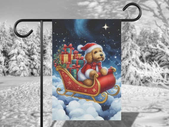 Goldendoodle Santa Sleigh Christmas Garden Flag Winter Holiday Poster