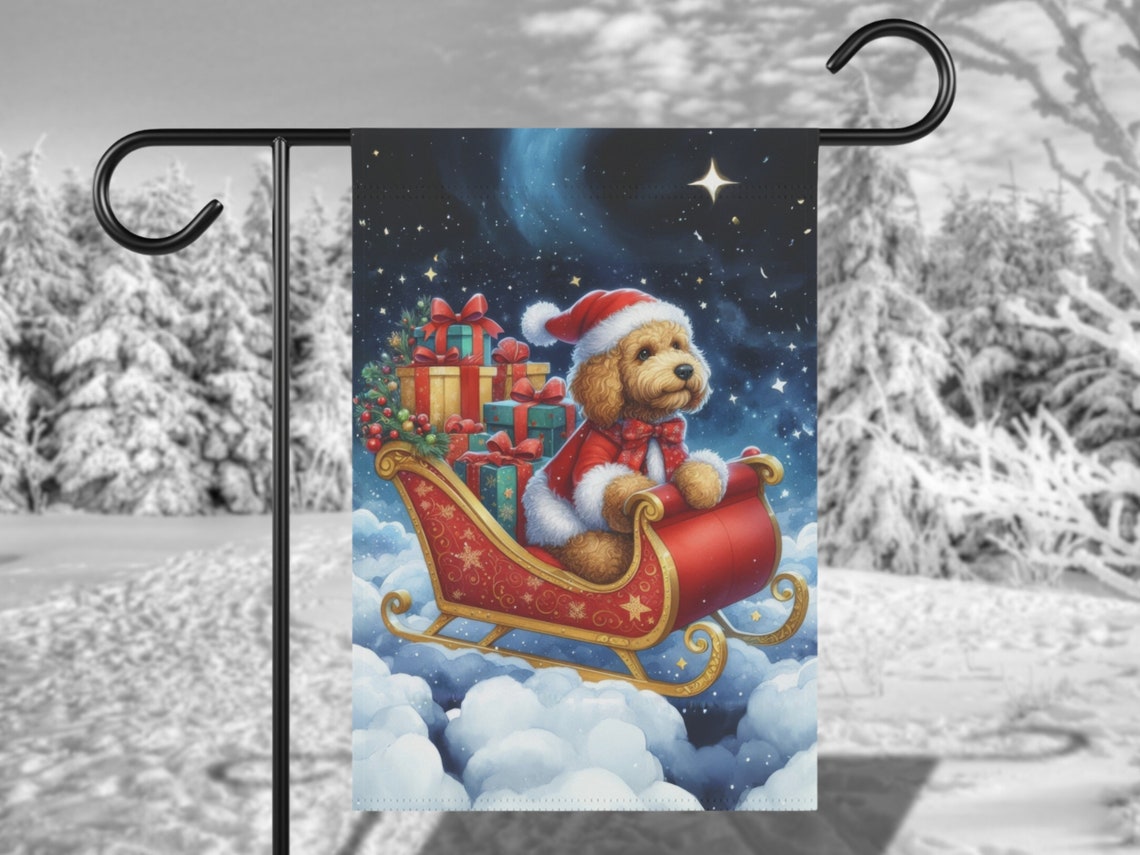 Goldendoodle Santa Sleigh Christmas Garden Flag Winter Holiday Poster