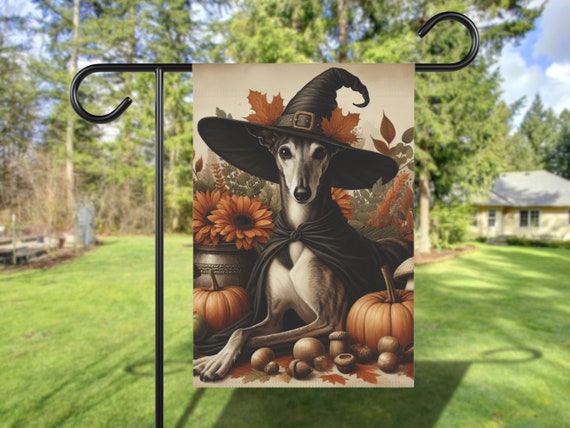 Custom Greyhound Fall Garden Flag, Vintage Cottage Core