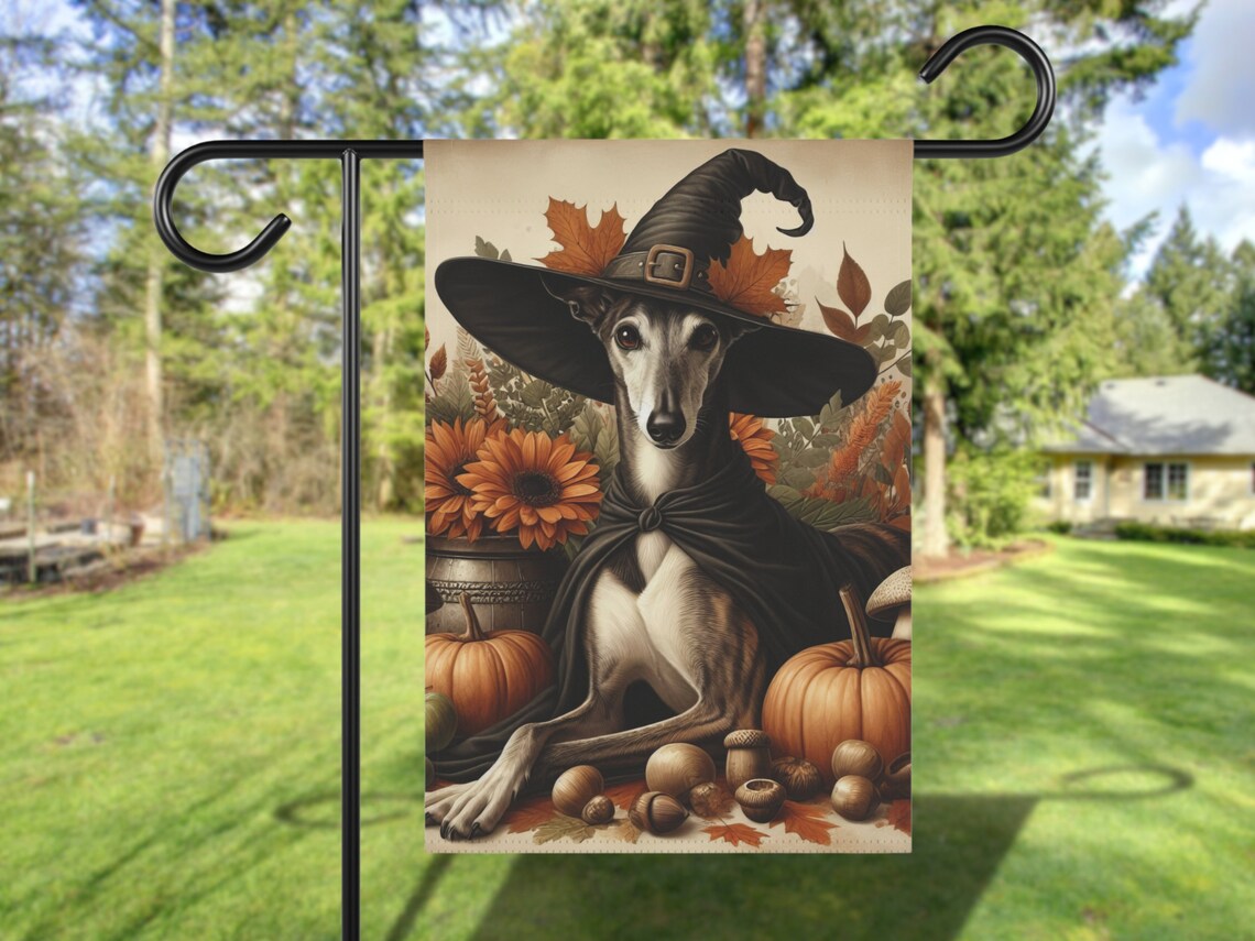Custom Greyhound Fall Garden Flag, Vintage Cottage Core