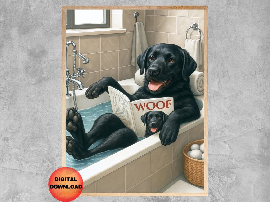 Black Labrador In Bathtub Reading Woof Newspaper Funny Dog Poster