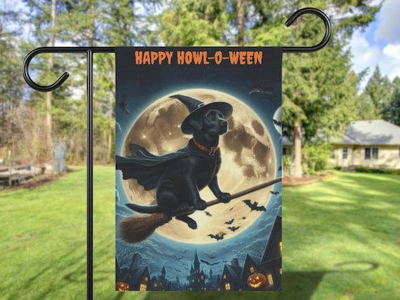 Black Labrador Witch Broomstick Full Moon Halloween Garden Poster