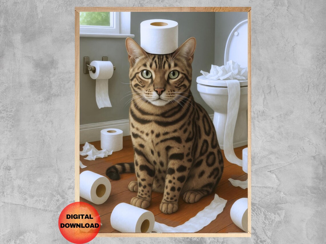 Bengal Cat Toilet Paper Wall Art, Funny Bathroom Print