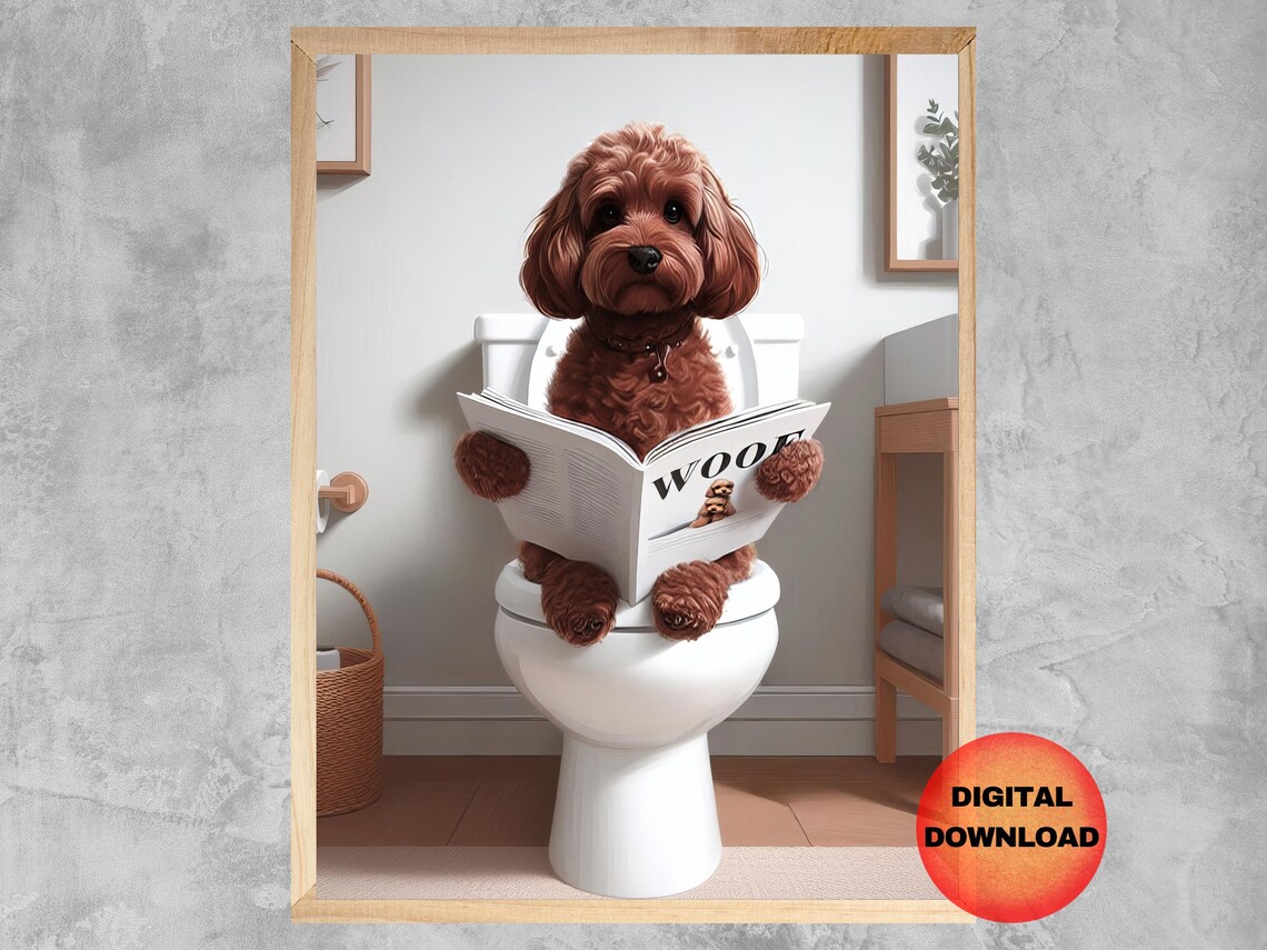 Funny Cavapoo Toilet Bathroom Poster, Whimsy Dog Art