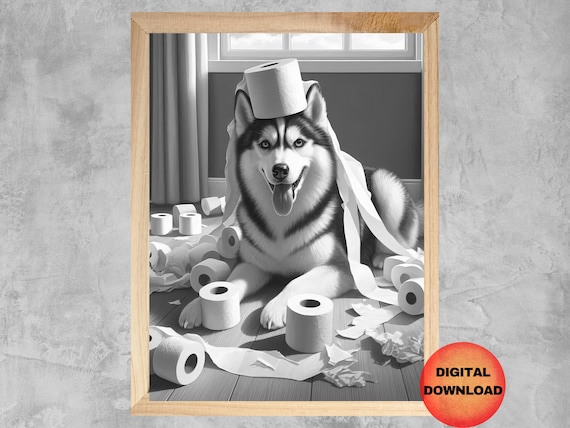 Siberian Husky Black And White Toilet Print Funny Paper Wall Art Bathroom Decor Animal Dog Owner Gift