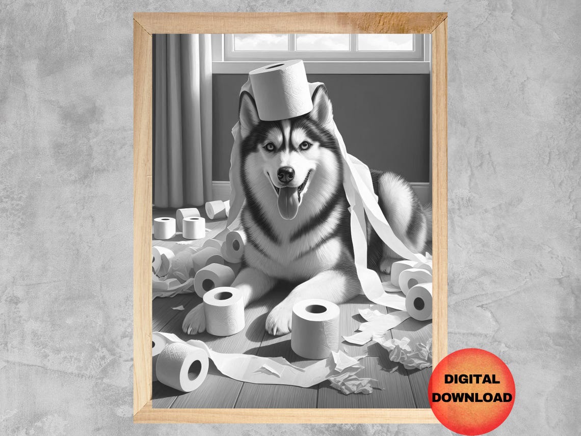 Siberian Husky Toilet Paper Chaos Funny Black And White Dog Wall Art