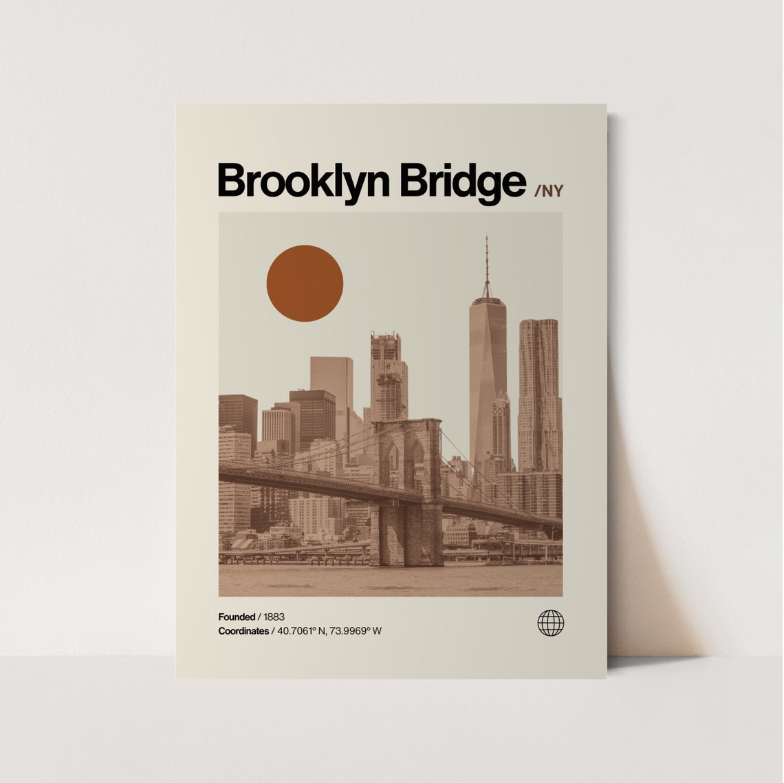 Brooklyn Bridge New York Skyline Sepia Helvetica Travel Poster
