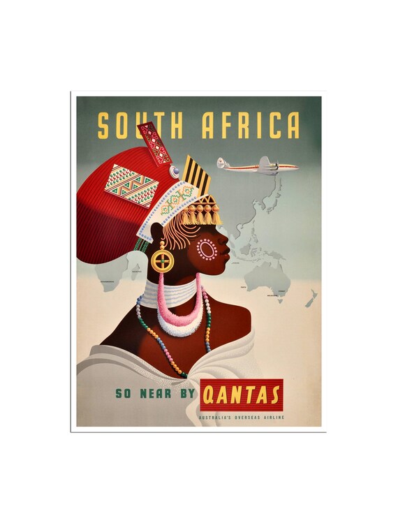 South Africa Travel Poster African Wall Art Qantas Airline Print Zt600a