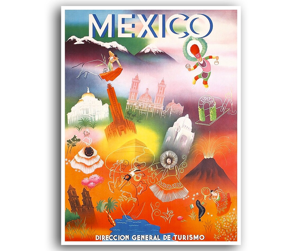 Mexico Travel Poster, Retro Mexican Home Decor