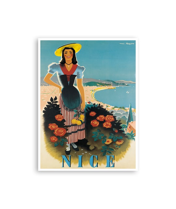 Nice France Folk Costume Woman Roses Bay Riviera Travel Poster