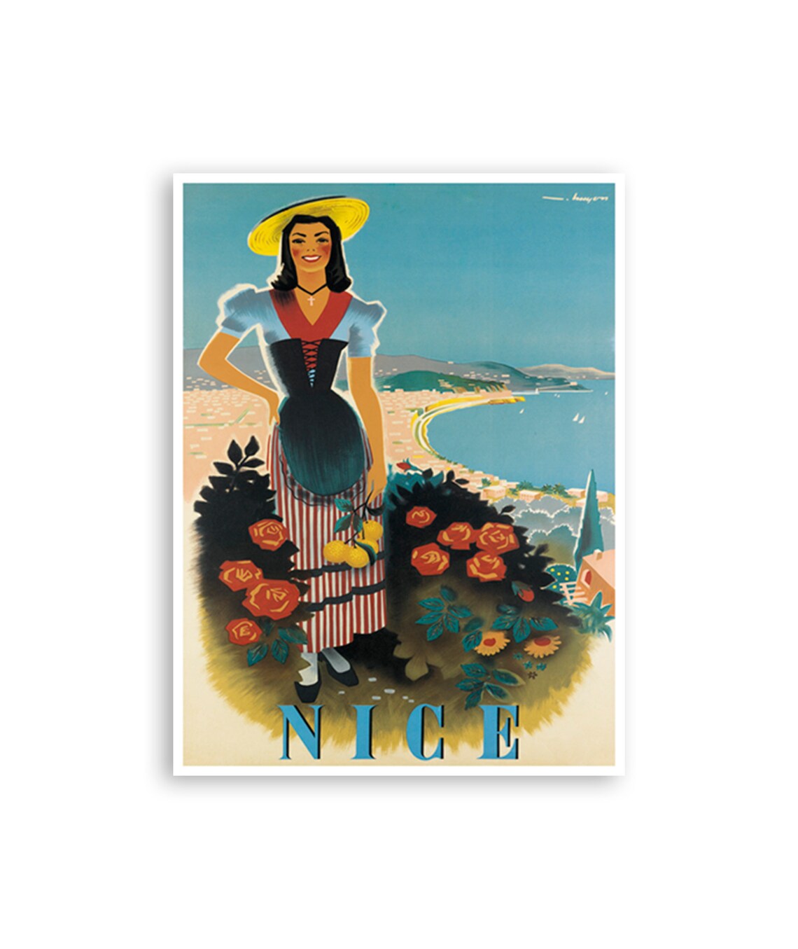 Nice France Folk Costume Woman Roses Bay Riviera Travel Poster