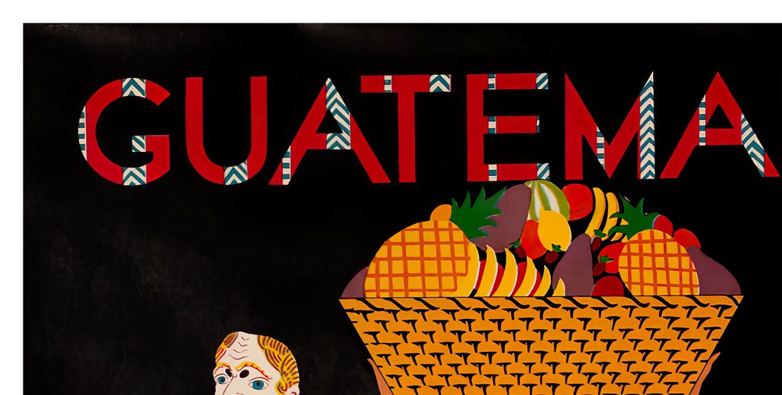 Guatemala Fruit Basket Market Woman Vintage Folk Art Travel Poster - Image 2