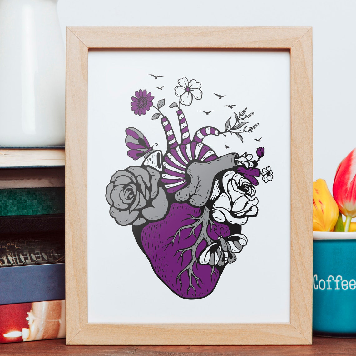 Asexual Pride Heart Floral Anatomical Heart LGBTQ Wall Decor Poster - Image 2
