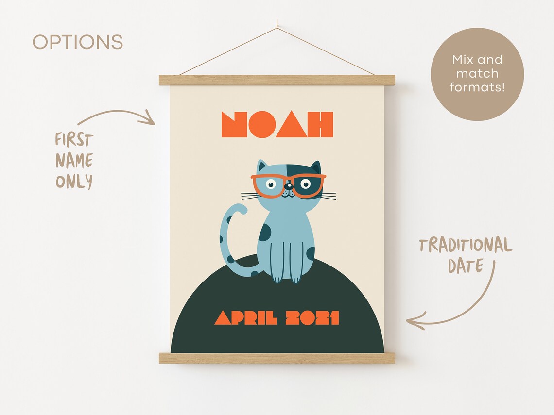 Custom Kids Name Cat Illustration, Nursery Art Print - Image 5