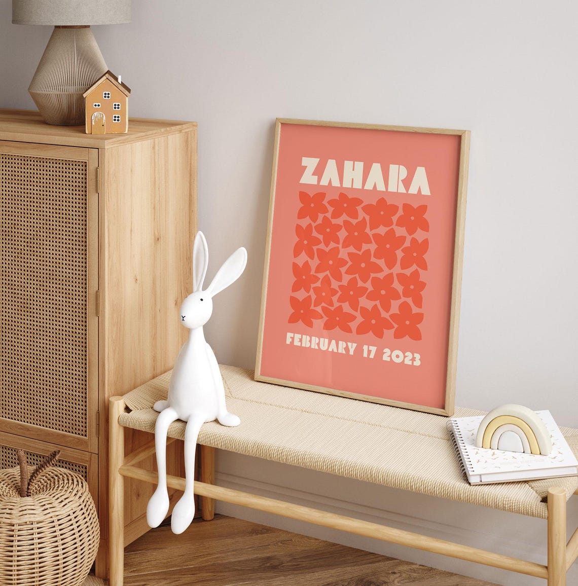 Zahara Personalized Name Birthdate Coral Floral Nursery Poster - Image 5