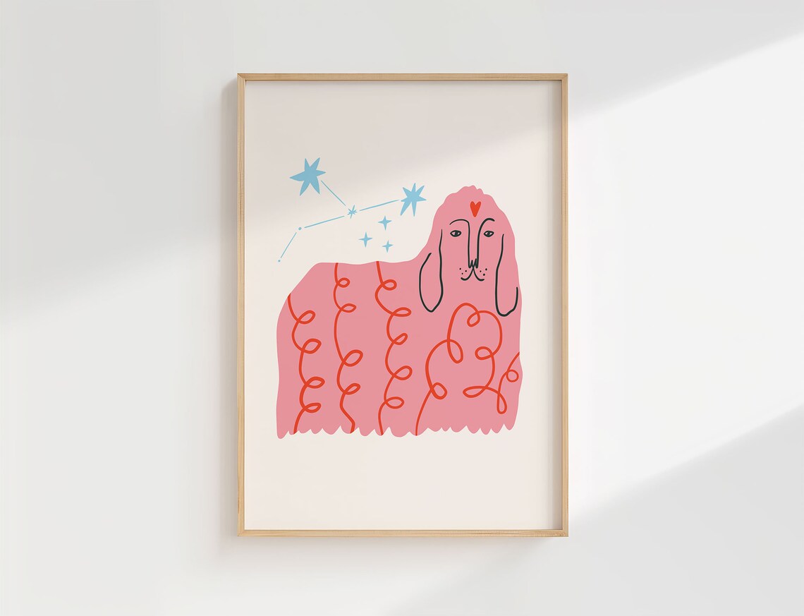 Pink Dog Print, Boho Nursery Art Poster