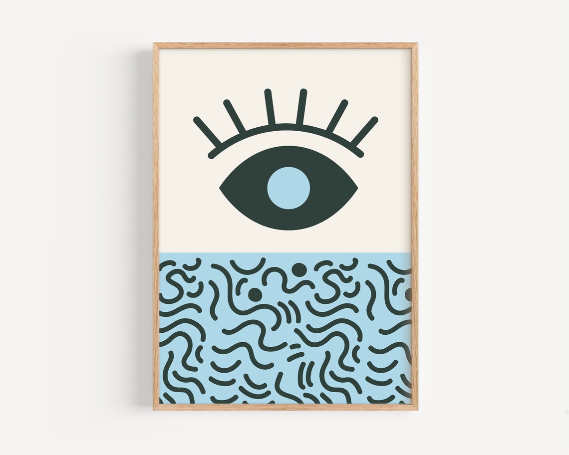 Abstract Eye Minimalist Poster with Retro Blue Squiggle Pattern Art