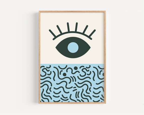 Abstract Eye Minimalist Poster with Retro Blue Squiggle Pattern Art