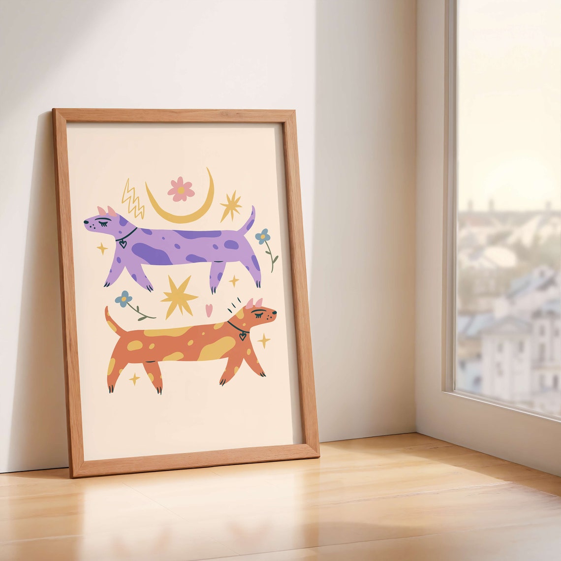 Two Playful Dogs Moon Stars Celestial Kids Room Decor Wall Art - Image 5