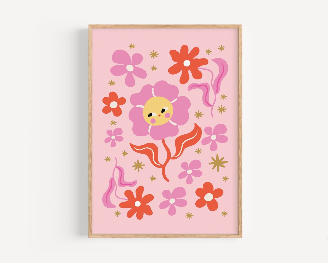 Pink Flower Retro Poster, Groovy Nursery Decor