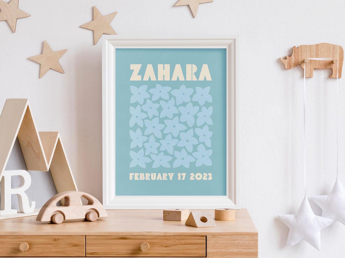 Zahara Personalized Name Birthdate Blue Floral Nursery Poster - Image 3