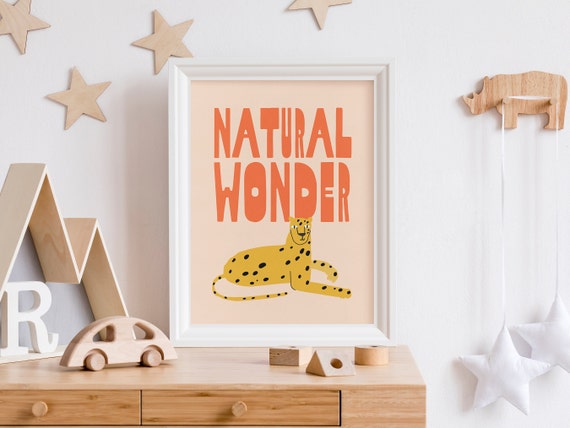 Kids Cheetah Print Fun Animal Poster Retro Toddler Playroom Art Orange Wild Cat Illustration Bright Modern Nursery Decor