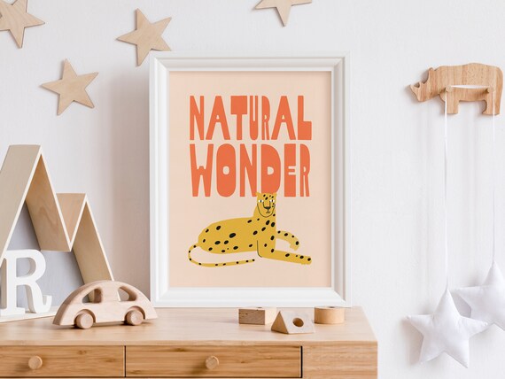 Natural Wonder Cheetah Poster with Retro Orange Typography Kids Art