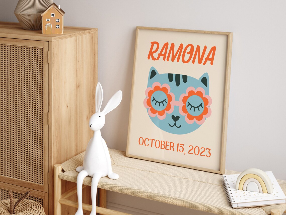 Custom Kids Name Art, Retro Blue Cat Poster - Image 3