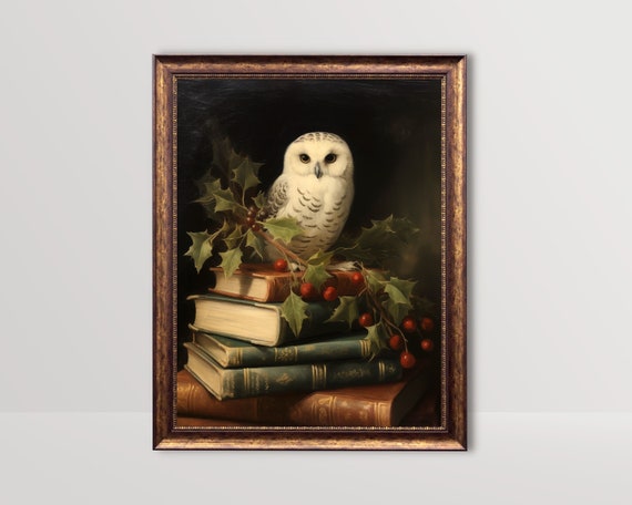 White Owl on Books Vintage Christmas Art Print