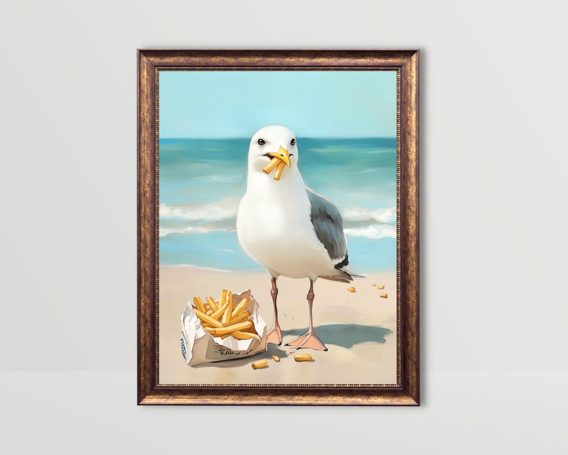 Seagull French Fries Beach Wall Art Cute Coastal Kitchen Decor Funny Food Prints Seaside Art Fun Snack Print French Fry Painting