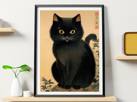 Black Cat Portrait In Japanese Woodblock Ukiyo E Style Art Poster
