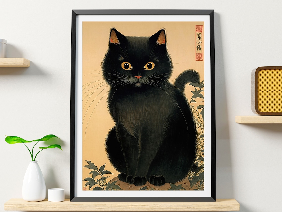 Black Cat Portrait In Japanese Woodblock Ukiyo E Style Art Poster